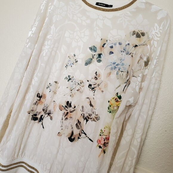 Desigual Women's XL Off-White Burnout Velvet Floral Sheer Top Gold Trim Pullover - Picture 6 of 15